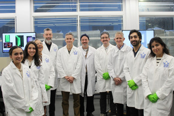 Musician Will Young visits Queen Mary to explore alternatives to Animal Testing The visitors photographed with Martin Knight and post-doctoral researchers