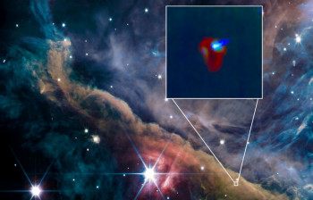 Radiation from massive stars shapes planetary systems JWST image of the Orion Nebula and zoom with on the proto-planetary system d203-506. Credits: background image NASA/ESA/CSA/S. Fuenmayor/PDRs4All Zoom in: I. Schroetter/O. Berné/PDRs4All
