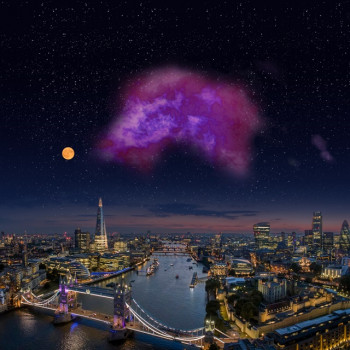 An artistic representation of the Eos molecular cloud as it would appear in the sky to the naked eye. Credit: Composite image: Ilya Grigorik (London Skyline), YourCredit (Eos Cloud)
